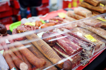 Selection of assorted home made sausages on a farmer's market in Vilnius, Lithuania.
