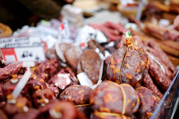 Selection of assorted home made sausages on a farmer's market in Vilnius, Lithuania.