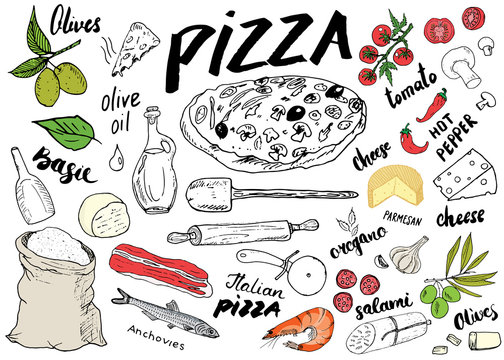Pizza menu hand drawn sketch set. Pizza preparation design template with cheese, olives, salami, mushrooms, tomatoes, flour and other ingredients. vector illustration isolated on white background