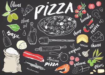 Pizza menu hand drawn sketch set. Pizza preparation design template with cheese, olives, salami, mushrooms, tomatoes, flour and other ingredients. vector illustration on chalkboard background © saint_antonio