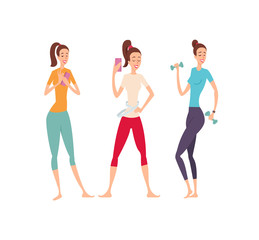 Fototapeta premium Three shapely friends with fitness gadgets posing and showing their excellent body.