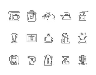 Line icons kitchen utensils appliances and kitchenware