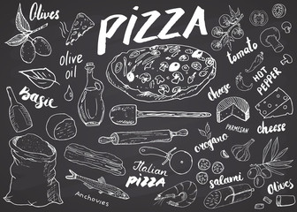 Pizza menu hand drawn sketch set. Pizza preparation design template with cheese, olives, salami, mushrooms, tomatoes, flour and other ingredients. vector illustration on chalkboard background © saint_antonio
