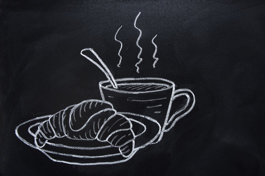 Freehand Drawn French Croissant on Plate Cup of Hot Steaming Coffee Chocolate Tea with Spoon Chalk Crayon Illustration on Blackboard. Sketch Doodle Style Food Poster Banner Template for Menu
