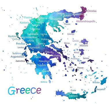 Hand drawn watercolor map Greece