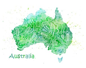 Hand drawn watercolor map of Australia with drawings by Australian aborigines. Abstract stylization