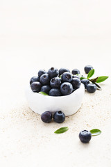 Freshly picked blueberries in a white vintage ceramic bowl. Selective focus. Free text space.