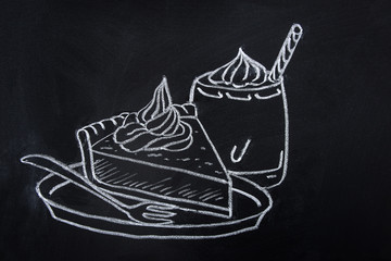 Freehand Drawing with Chalk on Blackboard of Piece of Pumpkin Pie with Whipped Cream Topping on Plate with Fork. Glass of Spice Latte. Thanksgiving Autumn Fall Dessert.Sketch Doodle Style Food