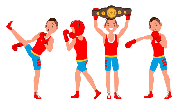 Boxer Sportsman Vector. Player Boxing. Different Poses. Sparring Match. Isolated On White Cartoon Character Illustration