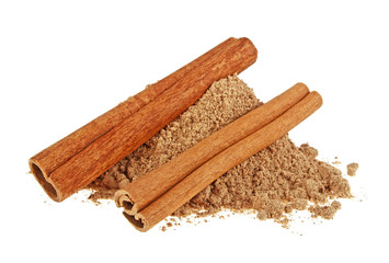 Cinnamon sticks and powder on white background