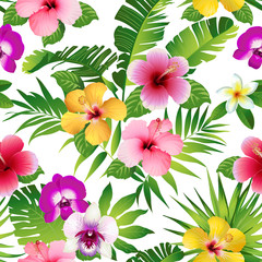 Tropical flowers and leaves on white background. Seamless. Vector.