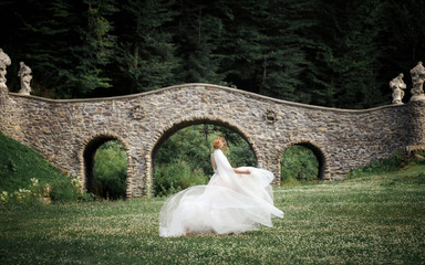 The bride in a beautiful dress dances the waltz near the stone bridge in the park