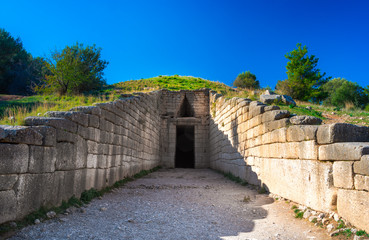 The archaeological site of Mycenae near the village of Mykines, with ancient tombs, giant walls and the famous lions gate,  Peloponnese, Greece