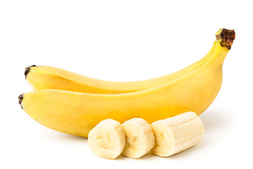 Two ripe bananas, and cut a piece of peeled banana on a white, isolated. © innafoto2017