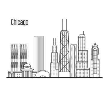 Chicago skyline - downtown cityscape, city landmarks in liner style
