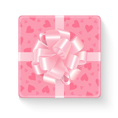 Gift box with pink wrapped paper decorated with hearts and big light bow. Vector illustration