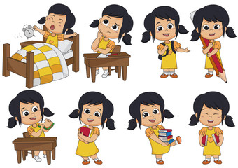 Set of kid activity,kid think,wake up,holding a big pencil,eat sandwich,holding a book.