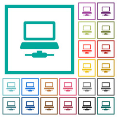 Network computer flat color icons with quadrant frames