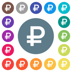 Ruble sign flat white icons on round color backgrounds