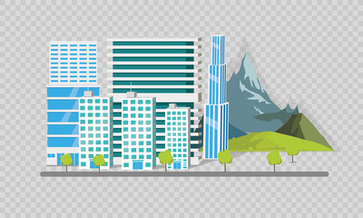 City skyscrapers. Salted trees over over the gift. Ilustration and style, road. Work office and mansion complexes, for comfortable housing. Landscape mountains, trees and grass for travel and walks.