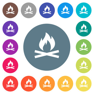 Camp fire flat white icons on round color backgrounds