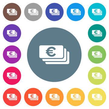 Euro banknotes flat white icons on round color backgrounds