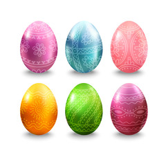 Set of colorful Easter eggs isolated on white background. Paschal eggs decorated with traditional ethnic pattern. Vector illustration.