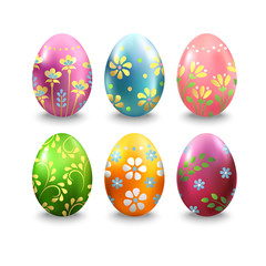 Set of colorful Easter eggs isolated on white background. Paschal eggs decorated with flower  pattern. Vector illustration.