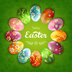 Green square background with colorful decorated Easter eggs laying by a circle, hand drawn doodles and lettering Happy Easter in the centre of composition. Vector illustration.