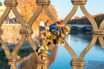 Rome, Italy. December 04, 2017: Love locks on the bridge in Rome, Italy.