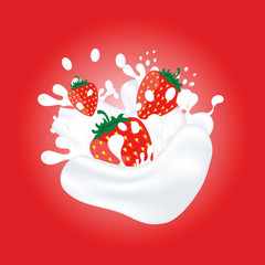 strawberry in milk illustration on red background