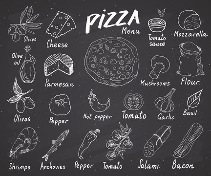 Pizza menu hand drawn sketch set. Pizza preparation design template with cheese, olives, salami, mushrooms, tomatoes, flour and other ingredients. vector illustration on chalkboard background