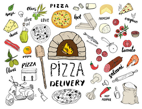 Pizza menu hand drawn sketch set. Pizza preparation and delivery doodles with flour and other food ingredients, oven and kitchen tools, scooter, pizza box design template. Vector illustration
