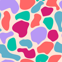 Colorful messy abstract seamless pattern with uneven round stains, spots, geometrical shapes on pink background. Vector illustration.
