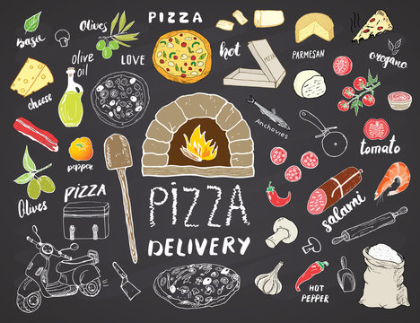 Pizza menu hand drawn sketch set. Pizza preparation and delivery doodles with flour and other food ingredients, oven and kitchen tools, scooter, pizza box design template. Vector illustration