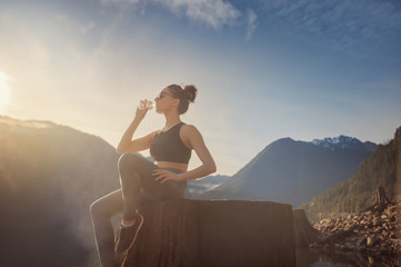 yoga fitness girl on nature landscape
