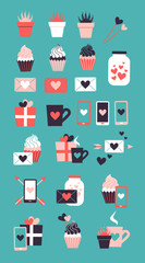 Set of cute romantic icons. Collection of flat illustrations with heart, gift, cupcake, flower, envelope. Modern trendy colors vector design.