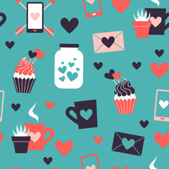 Seamless pattern of valentine day icons collection. Set of flat illustrations with heart, gift, cupcake, flower, envelope. Modern colors vector design.