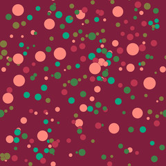 Colorful messy dots, background. Festive seamless pattern with round shapes. Grunge dotted texture for wrapping paper, web. Vector illustration.