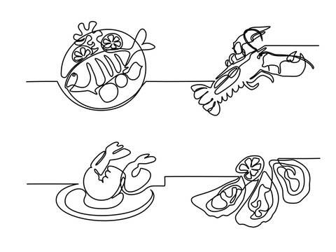 Set continuous line drawing. Grilled fish on plate with lemon and potato. Vector illustration black line on white background.