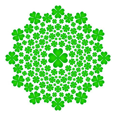 vector colored circular round spring mandala with green four cloverleaves - adult coloring book page