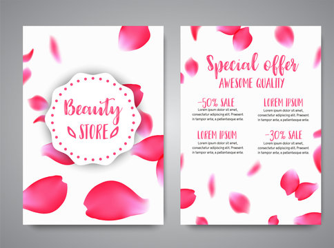 Vector vertical banners template with rose petals. business floral card template. Concept for boutique, jewelry, floral shop, beauty salon, spa, fashion, flyer.