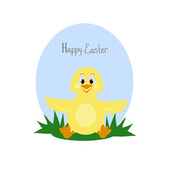 Happy easter cartoon greeting card. Cute chicken on green grass.