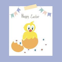 Happy easter cartoon greeting card. Cute chicken in egg shell.