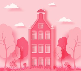 3d abstract paper cut illustration of pink paper art landscape with paper cut house, trees, flowers, grass ans sky.