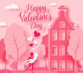 Happy Valentine's day 3d abstract paper cut illustration of pink paper art landscape with paper cut couple, house,