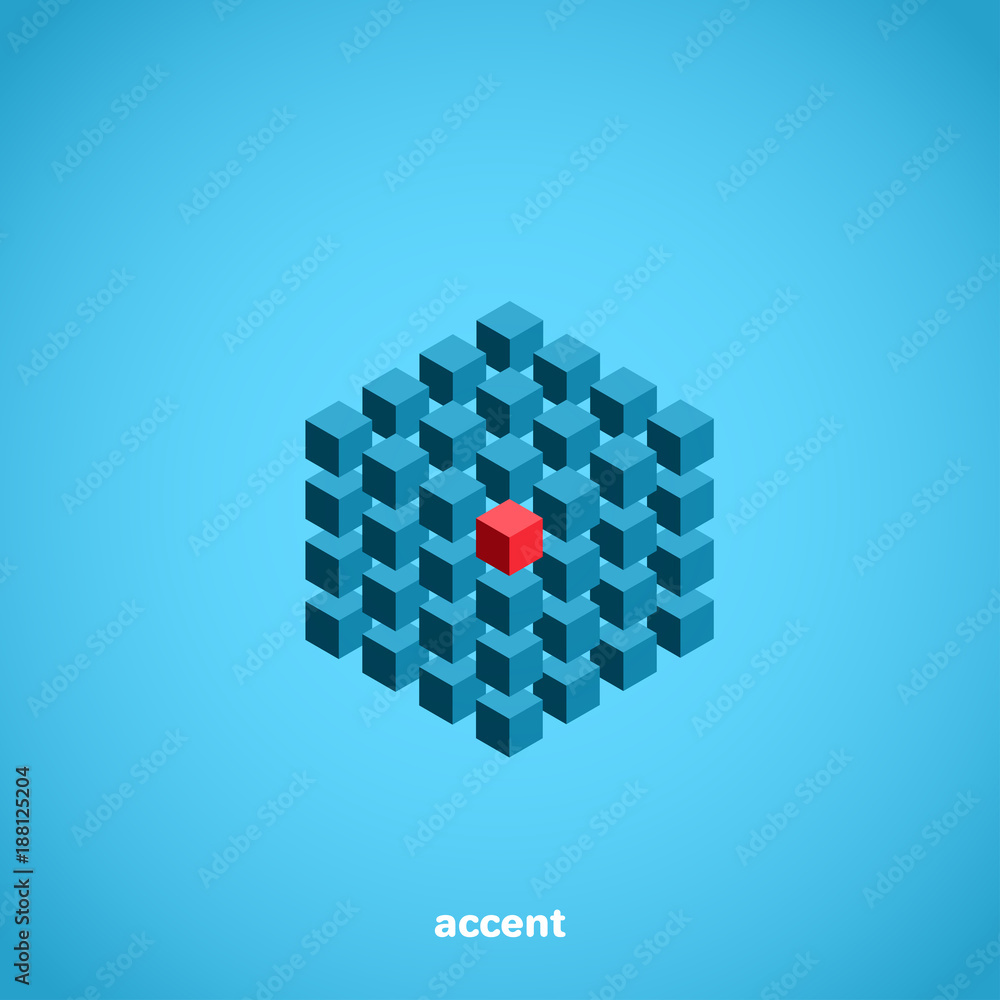 Poster abstraction from cubes with a central red cube, isometric image