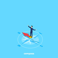 a man in a business suit stands on a compass needle, an isometric image