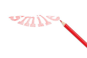 Word smile hand-written red pencil in smile form, isolated on white background