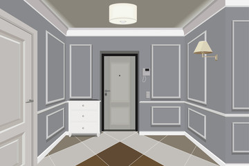 Modern Classic Hall Hallway Corridor In Old Vintage Apartment. Hallway illustration.